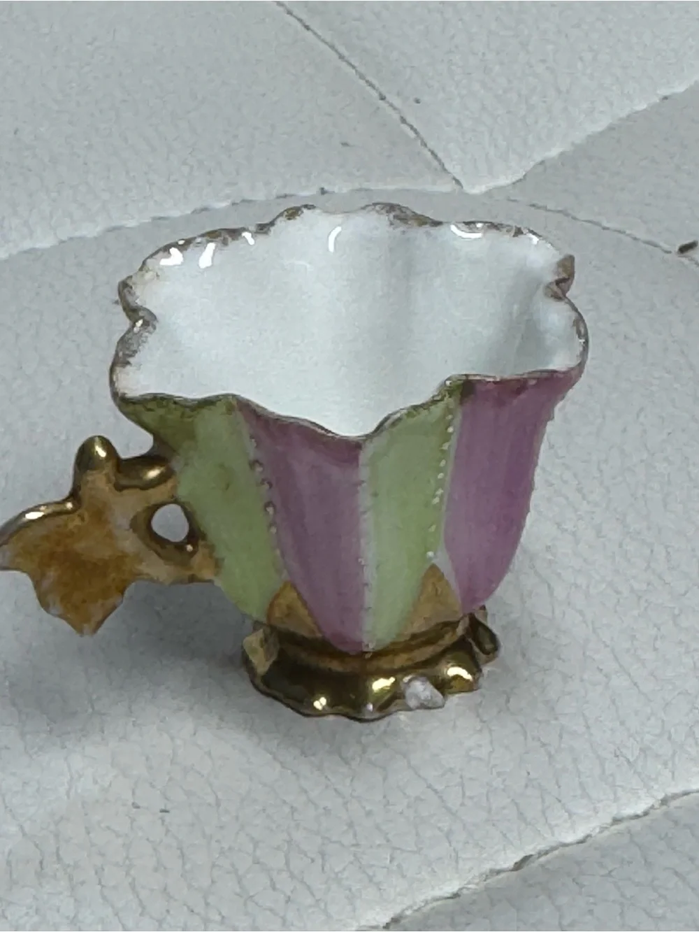 Vintage Miniature Porcelain Teacup Pink and Green Hand Painted with Gold Trim